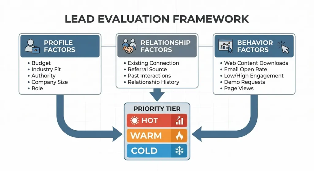 Lead Evaluation Framework diagram showing three evaluation components for professional service firms