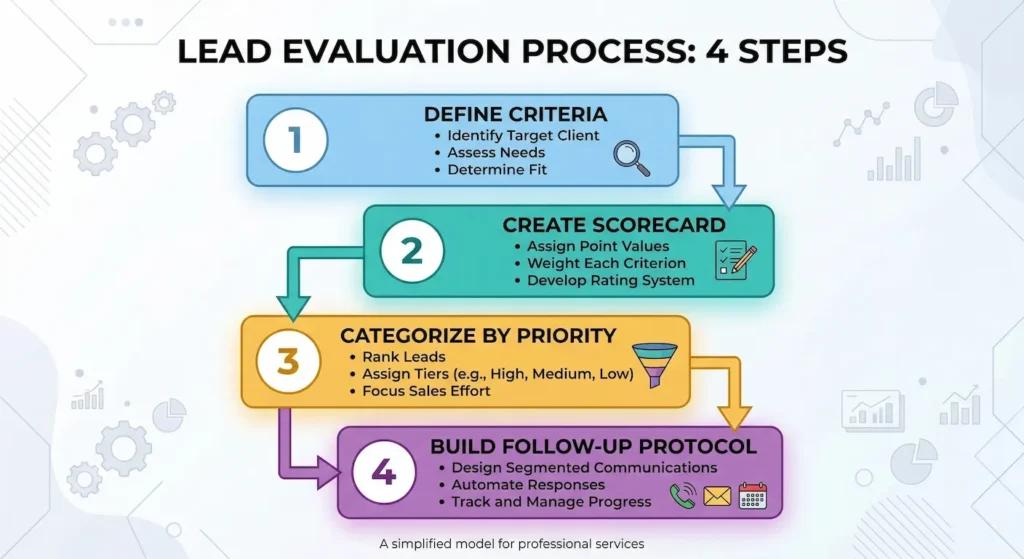Step-by-step flowchart for implementing a lead evaluation process in consulting and accounting firms