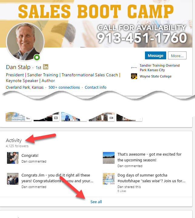 LinkedIn profile activity section showing recent posts and engagement