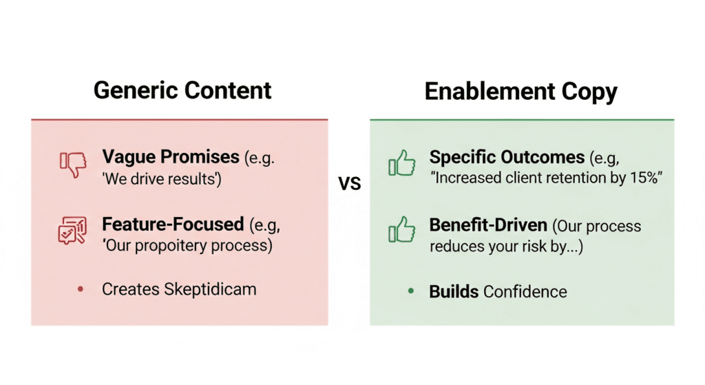 chart showing the differences between generic content and sales enablement copywriting assets.