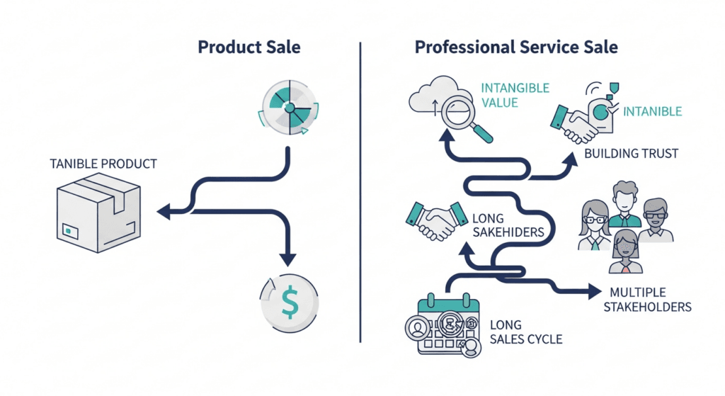 graphic showing the differences between selling products and selling professional services