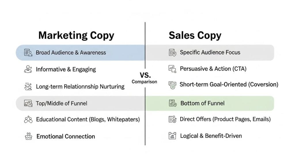 Comparison of marketing copywriting versus sales copywriting for professional services