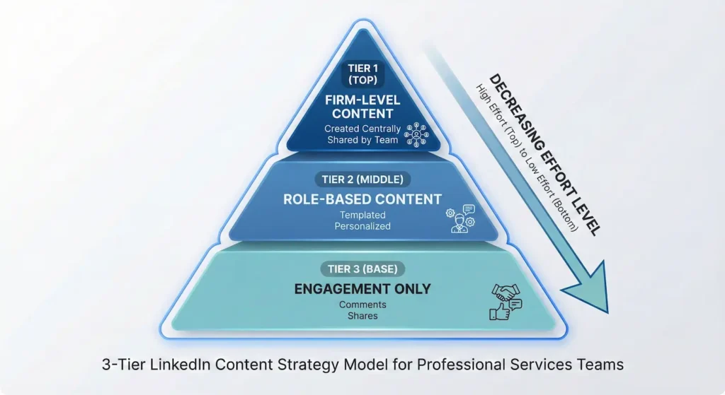 3-tier LinkedIn content strategy model for professional services teams showing firm content, role-based content, and engagement tiers