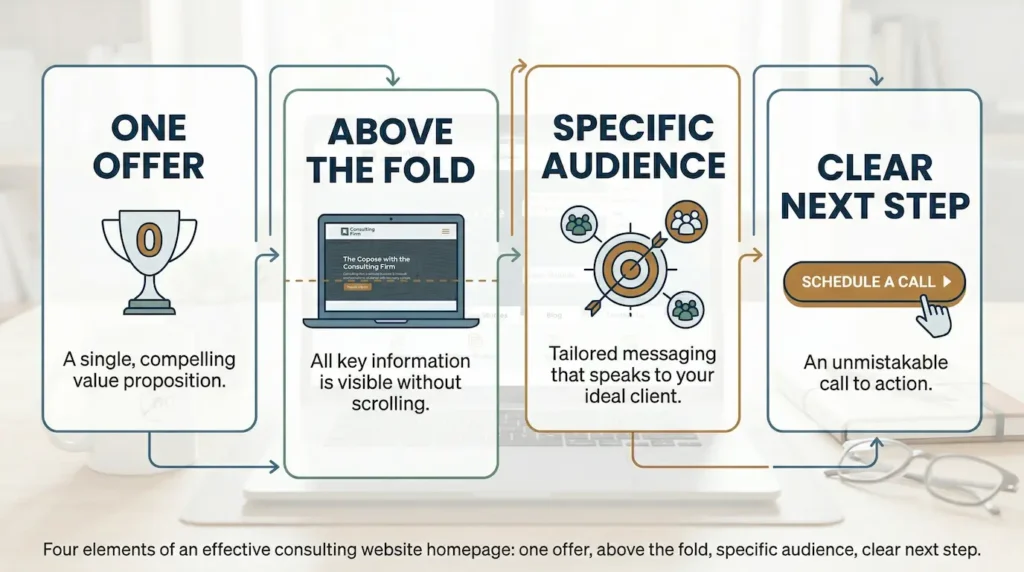"Four elements of an effective consulting website homepage: one offer, above the fold, specific audience, clear next step"