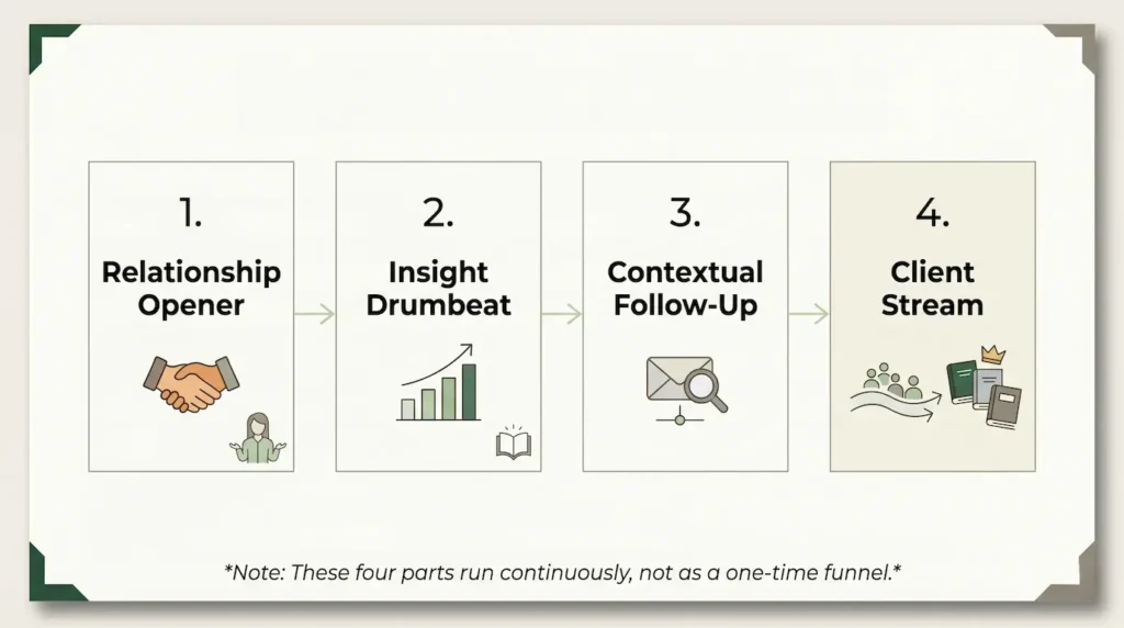 Four-part email architecture for boutique B2B firms showing relationship opener, insight drumbeat, contextual follow-up, and client stream