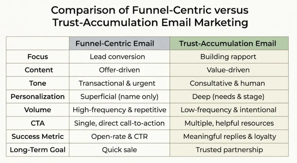Comparison of funnel-centric versus trust-accumulation email marketing for boutique B2B firms